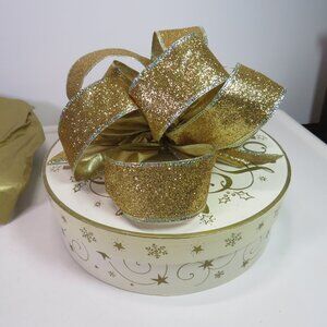 Cream and Gold Round Gift Bow w large Glittery Gold Wired Bow "JOY" Christmas